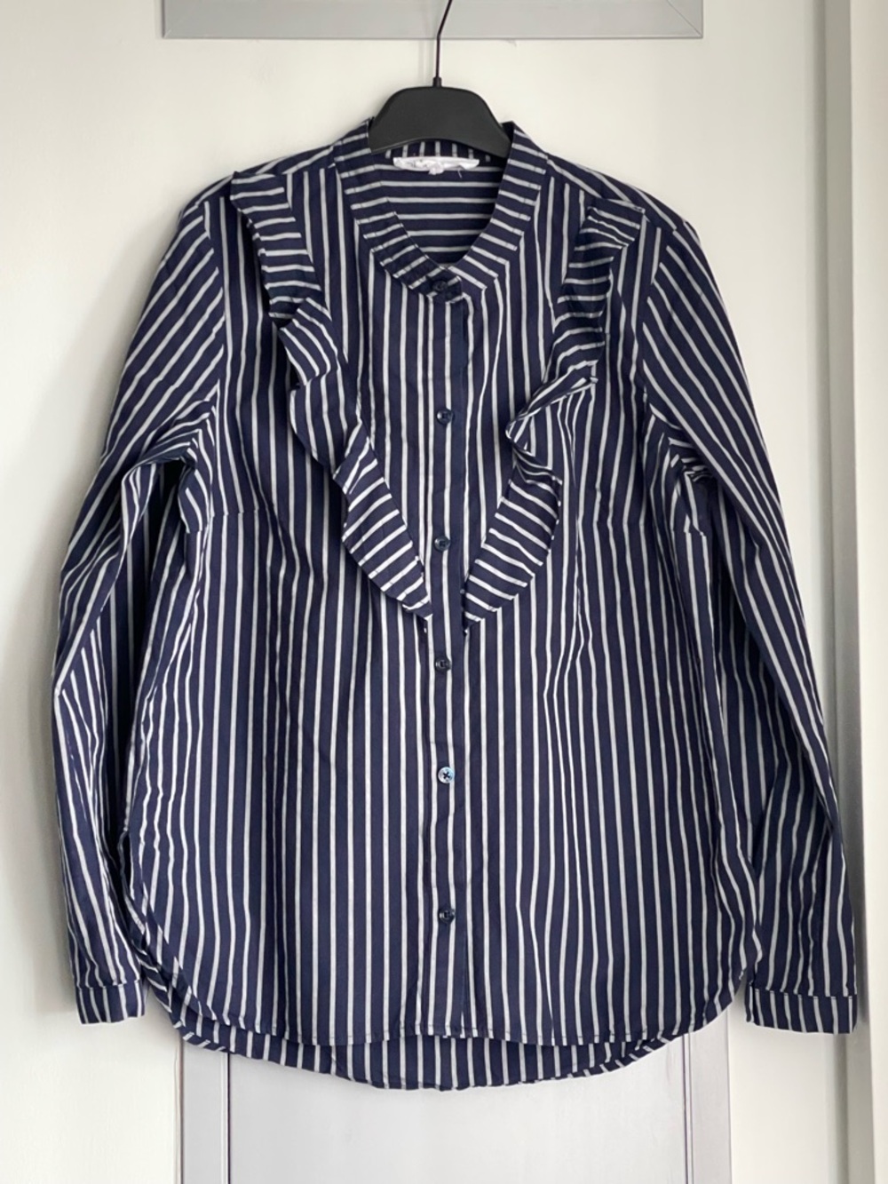 BCBGENERATION Striped Navy and Grey  Ruffle-Front Button Down Shirt